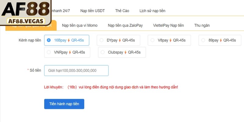 Nạp tiền AF88 theo đúng quy trình hướng dẫn từng hình thức